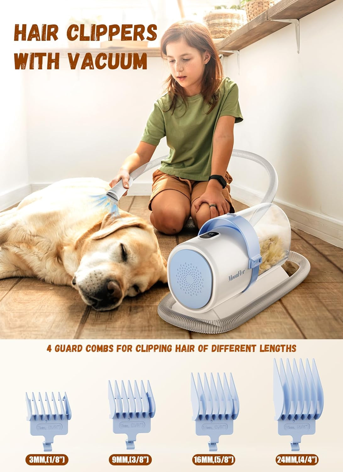 A happy dog being groomed at home with a grooming vacuum kit