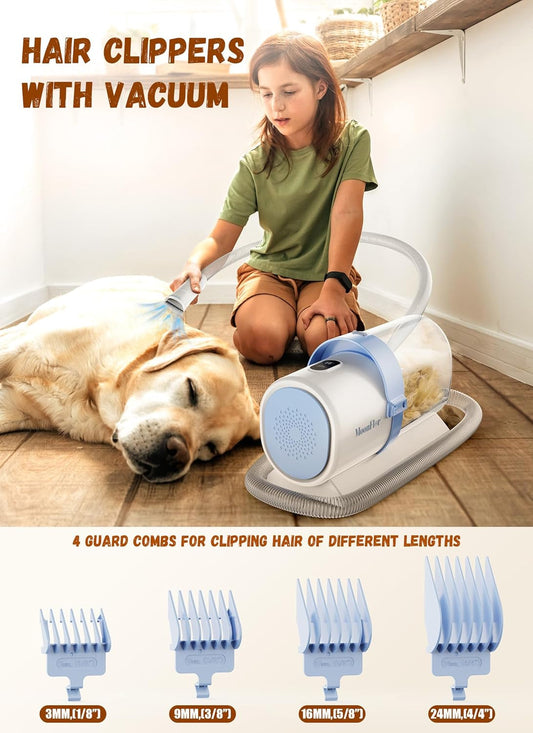 A happy dog being groomed at home with a grooming vacuum kit