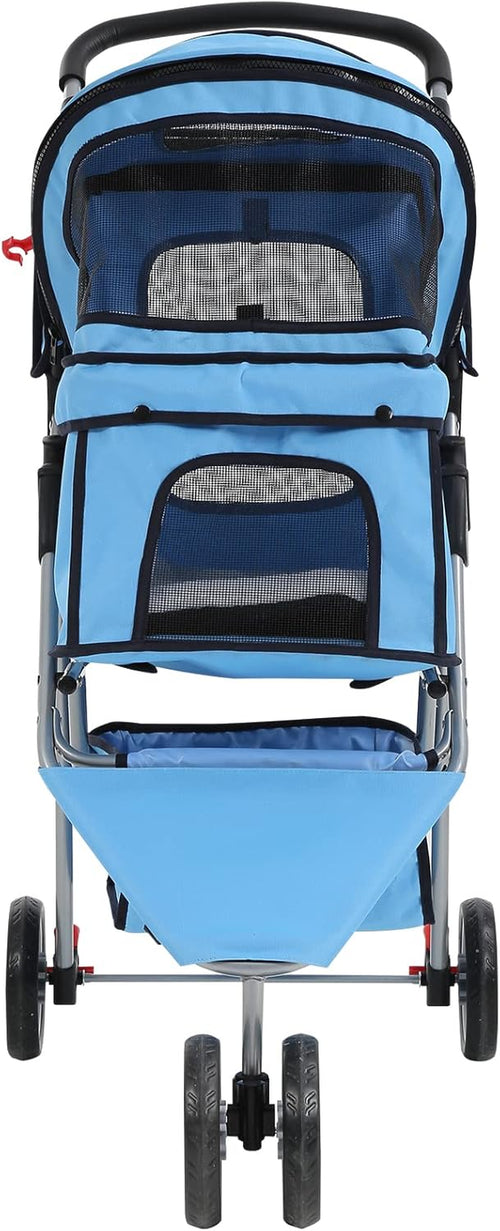 3-Wheel Pet Stroller, Lightweight Foldable Dog Stroller for Small Medium Dogs & Cats, Breathable Mesh & Weather Cover with Storage Basket, for Daily Walk Outdoor Travel (Blue)